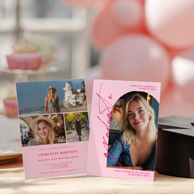Invitación  Modern Script neon pink graduate photo graduation (Modern Script neon pink graduate photo graduation Invitation)
