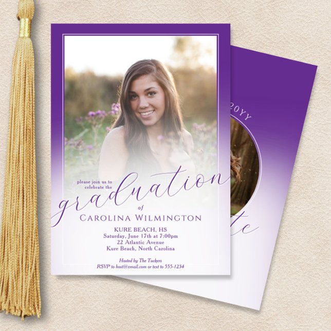 Invitación Modern Script Purple Ombre Photo Graduation (Subido por el creador)