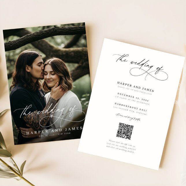 Invitación Modern Script QR Code Boho Minimalist Wedding (Subido por el creador)