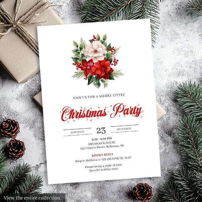 Invitación Modern Script Red Poinsettia Floral Christmas  (Modern Script Red Poinsettia Floral Christmas Invitation)