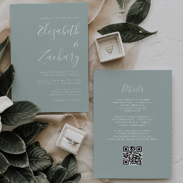 Invitación Modern Script Sea Glass Green QR Code Wedding