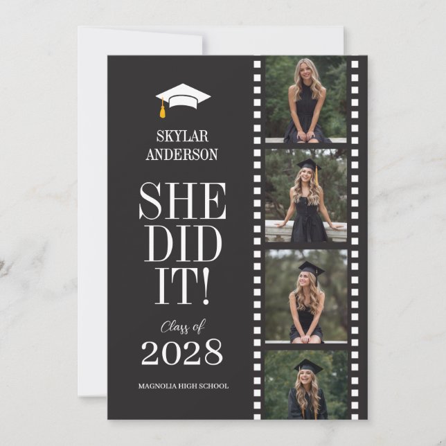 Invitación Modern Script Senior Photo Graduation Black Reel (Anverso)