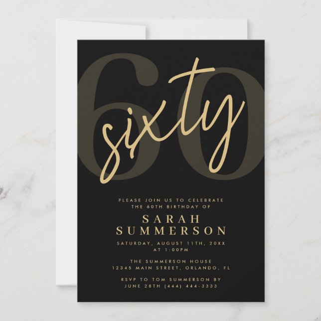 Invitación Modern Script Sixty Black Gold 60th Birthday Party (Anverso)