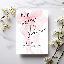 Invitación Modern Script Soft Pink Bow Baby Shower