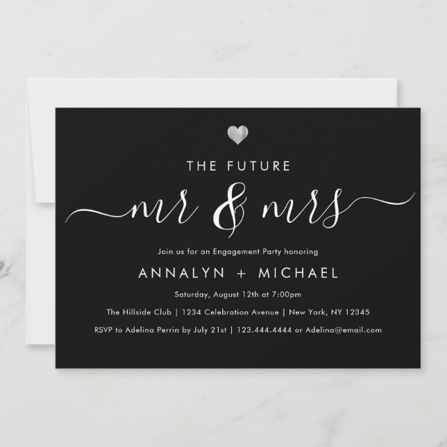 Invitación Modern Silver Black Future Mr. y Mrs. Engagement (Anverso)