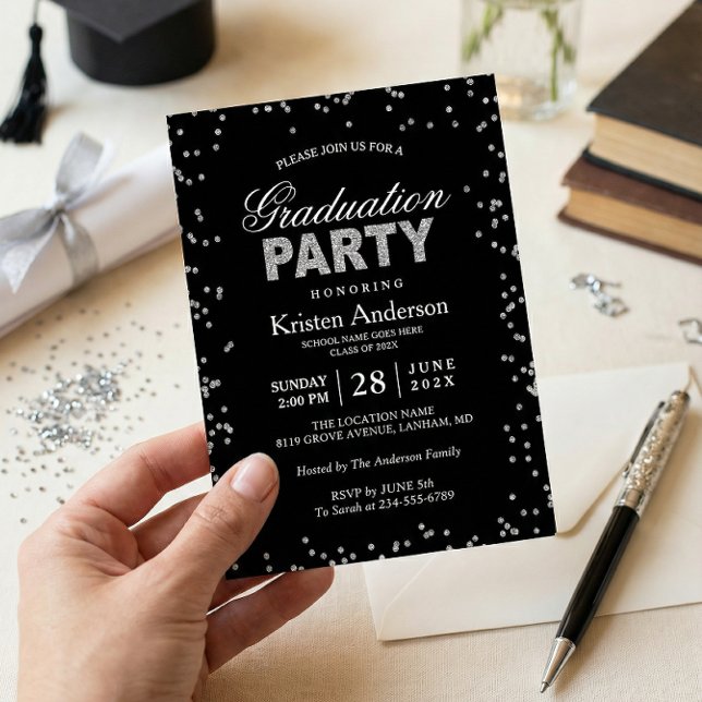 Invitación Modern Silver Glitter Sparkles Graduation Party (Subido por el creador)