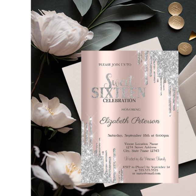 Invitación Modern Silver Purpurina Drips Rosa Gold Sweet 16 (Subido por el creador)