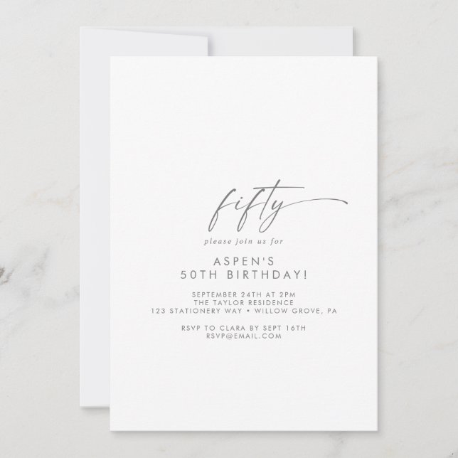 Invitación Modern Silver Script 50 cumpleaños (Anverso)