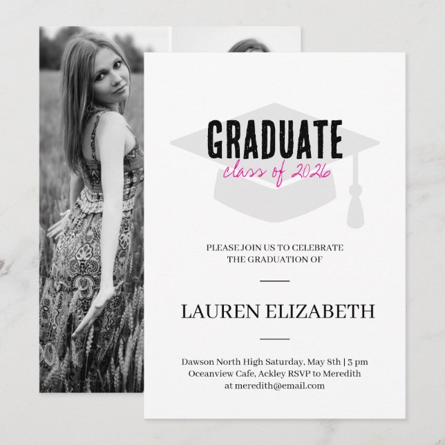 Invitación Modern Simple Black &Pink 3Photo Graduation  (Anverso / Reverso)