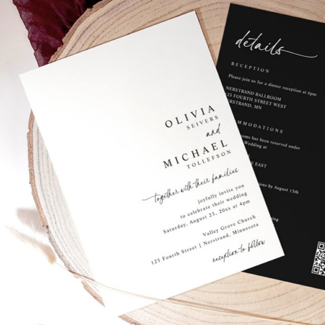 Invitación Modern Simple Handwriting All in One Wedding (Minimalist black and white wedding invite with right-aligned handwritten script and QR code on back)