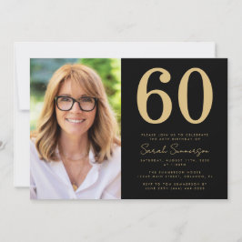 Invitación Modern Sixtieth Black Gold Photo 60th Birthday