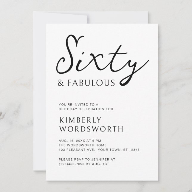 Invitación Modern Sixty and Fabulous Script 60th Birthday (Anverso)