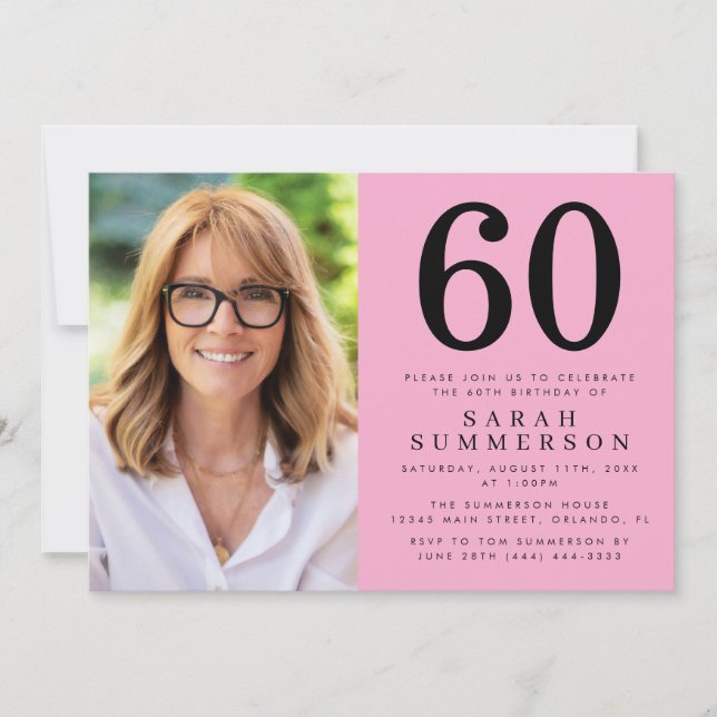Invitación Modern Sixty Pink Black Photo 60th Birthday Party (Anverso)
