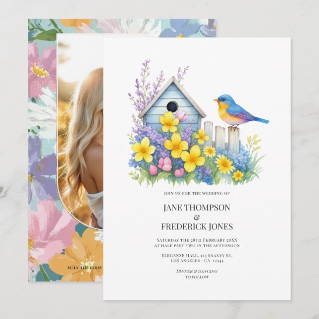 Invitación Modern Spring Floral Wedding Photo and QR Code (Anverso / Reverso)