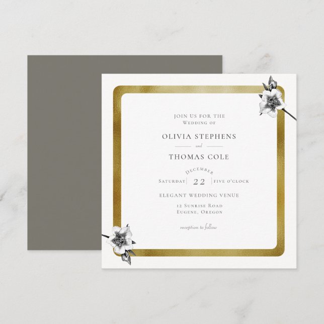 Invitación Modern Square Gold Rosas Navidades Boda (Anverso / Reverso)