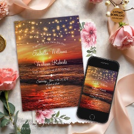 Invitación Modern String Lights Summer Sunset Beach Wedding