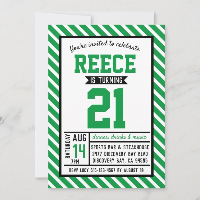 Invitación Modern Stripe Green Masculino 21º cumpleaños (Anverso)