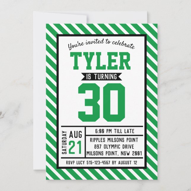 Invitación Modern Stripe Green Masculino 30 cumpleaños (Anverso)