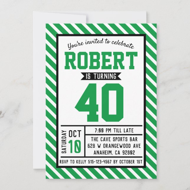 Invitación Modern Stripe Green Masculino 40 cumpleaños (Anverso)