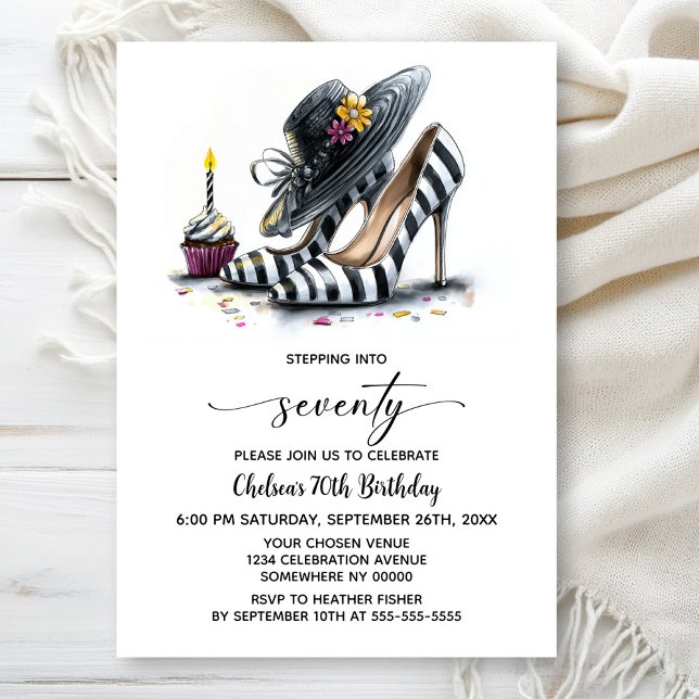 Invitación Modern Striped High Heel Shoes 70th Birthday (Subido por el creador)