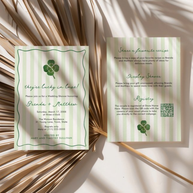 Invitación Modern Stripes St Patrick's Couples Wedding Shower (Lucky In Love St Patricks Day wedding shower invitations with modern stripes and squiggle border)