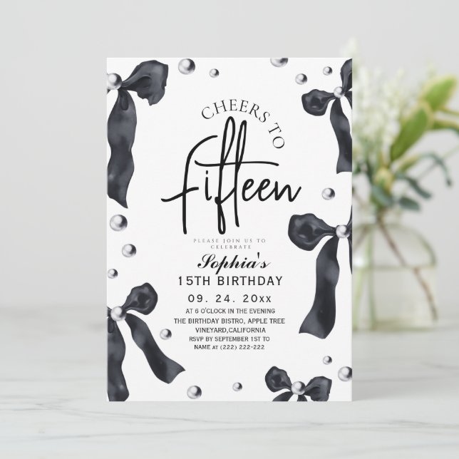 Invitación Modern & Stylish Black Bow Birthday Party (Anverso de pie)