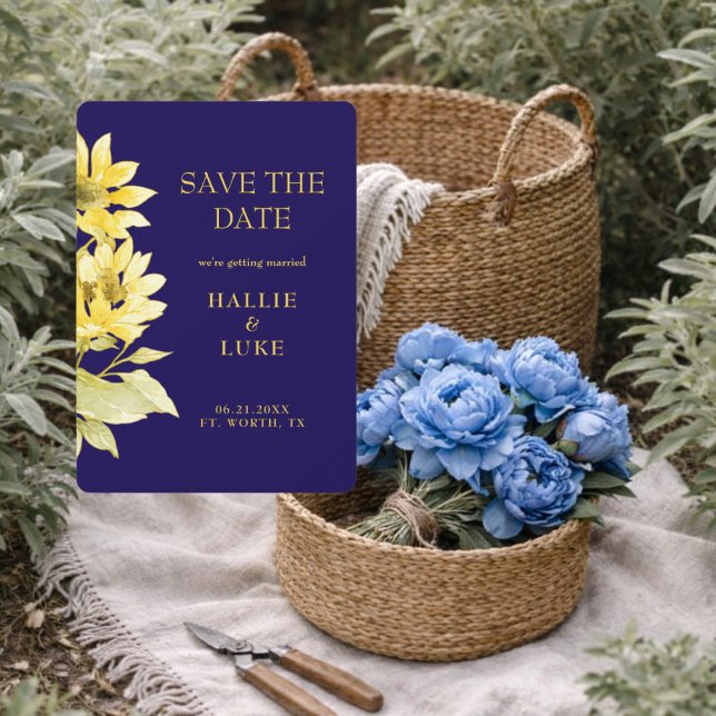 Invitación Modern Sunflower Navy Wedding Save the Date (Subido por el creador)
