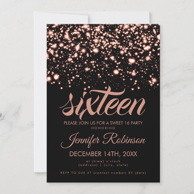 Invitación Modern Sweet 16 Rosa Gold Midnight Glam (Anverso)