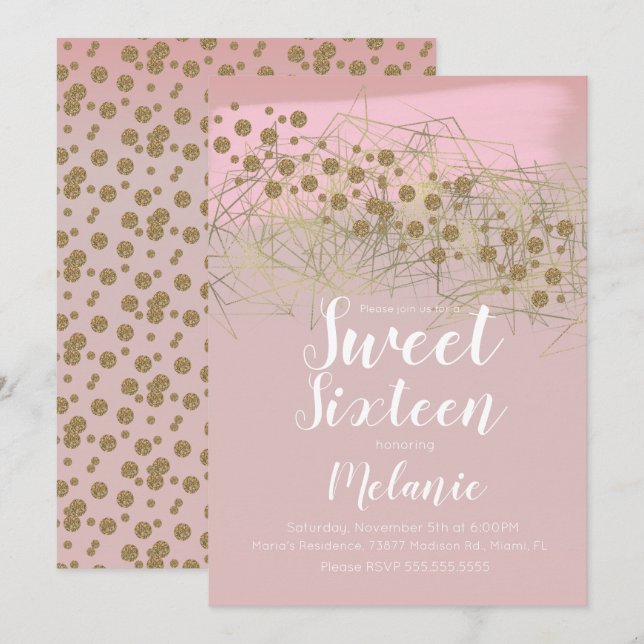 Invitación Modern Sweet 16 Rosita Gold Geometrical Rubor (Anverso / Reverso)