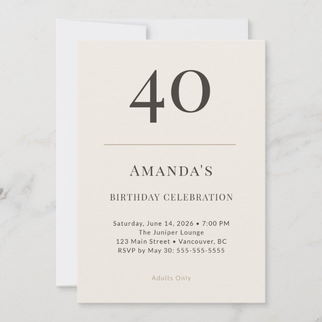 Invitación Modern Taupe & Cream 40th Birthday Celebration (Anverso)