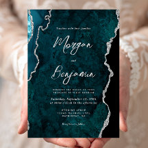 Modern Teal Blue Agate Silver Script Wedding