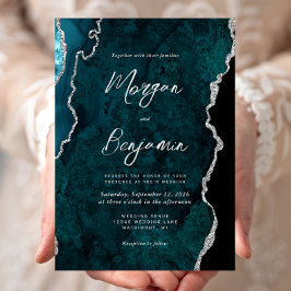 Invitación Modern Teal Blue Agate Silver Script Wedding