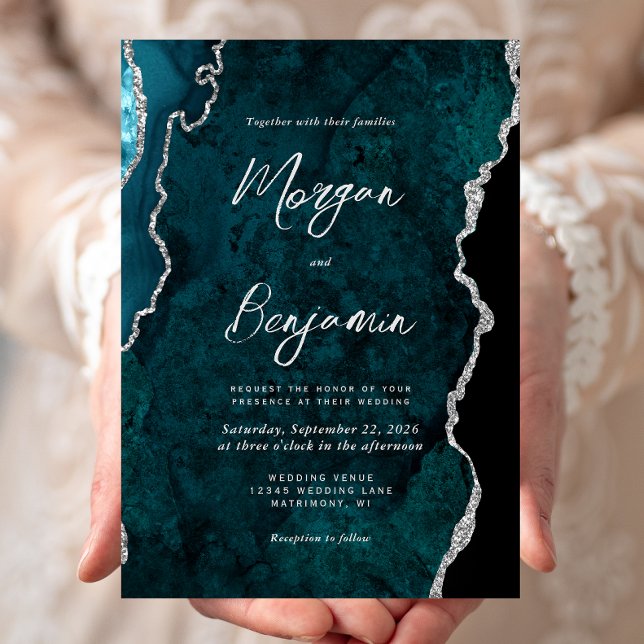 Invitación Modern Teal Blue Agate Silver Script Wedding (Subido por el creador)