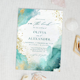 Invitación Modern Teal Gold Abstract On The Beach Wedding