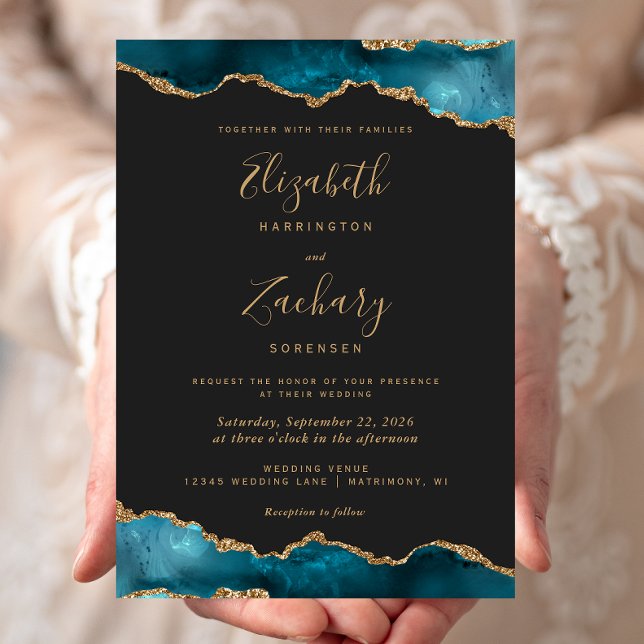 Invitación Modern Teal Gold Agate Dark Wedding (Subido por el creador)