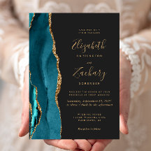 Modern Teal Gold Agate Dark Wedding Invitation