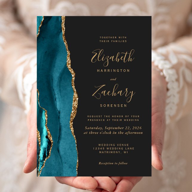 Invitación Modern Teal Gold Agate Dark Wedding Invitation (An elegant way to invite friends and family to share your special day.)