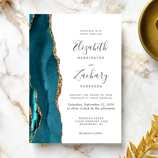 Invitación Modern Teal Gold Agate Wedding Invitation (The perfect choice for a teal and gold themed wedding.)