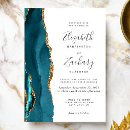 Invitación Modern Teal Gold Agate Wedding Invitation
