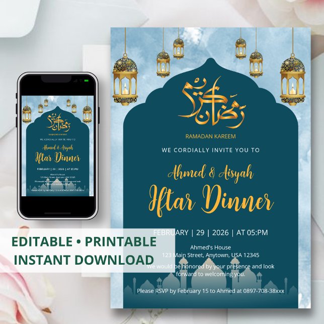 Invitación Modern Teal Mosque and Gold Lanterns Iftar Dinner (Subido por el creador)