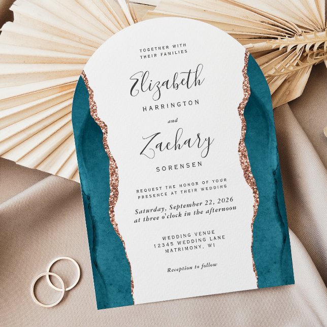 Invitación Modern Teal Rose Gold Agate Arch Wedding (Subido por el creador)