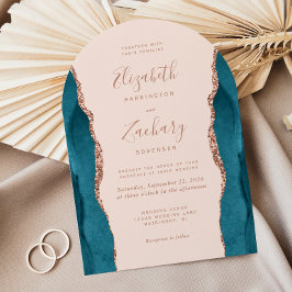 Invitación Modern Teal Rose Gold Agate Blush Arch Wedding