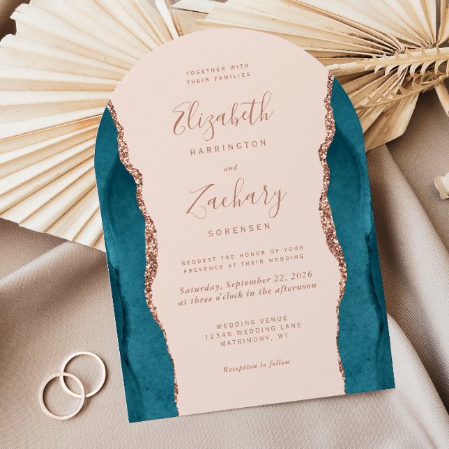 Invitación Modern Teal Rose Gold Agate Blush Arch Wedding (Subido por el creador)