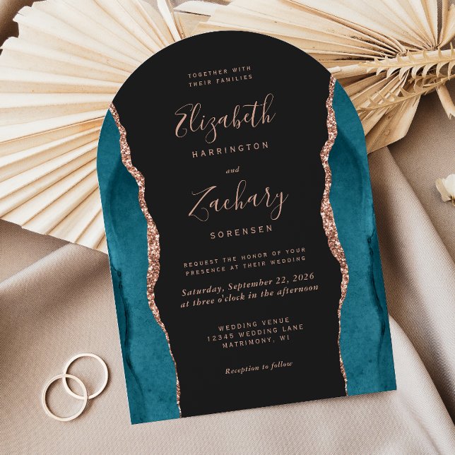 Invitación Modern Teal Rose Gold Agate Dark Arch Wedding (Subido por el creador)