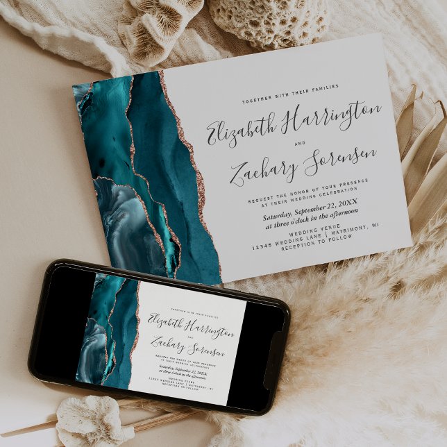 Invitación Modern Teal Rose Gold Agate Horizontal Wedding (Subido por el creador)