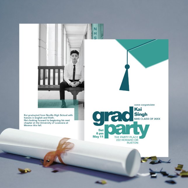 Invitación Modern Teal Typography & Tassel Grad Party Photo (Subido por el creador)