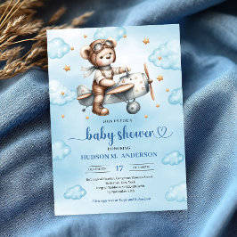 Invitación Modern Teddy Bear Pilot Blue Brown Boy Shower