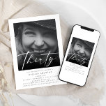 Invitación Modern Thirty Photo Birthday Party<br><div class="desc">¡Celebra el gran estilo 3-0! Que sea un cumpleaños para recordar con una invitación inolvidable. Esta es la manera perfecta de invitar a tus amigos y familia más cercanos a tu bash de 30 años - una invitación moderna de 30 años con tu foto favorita, con "treinta" escrito en un...</div>