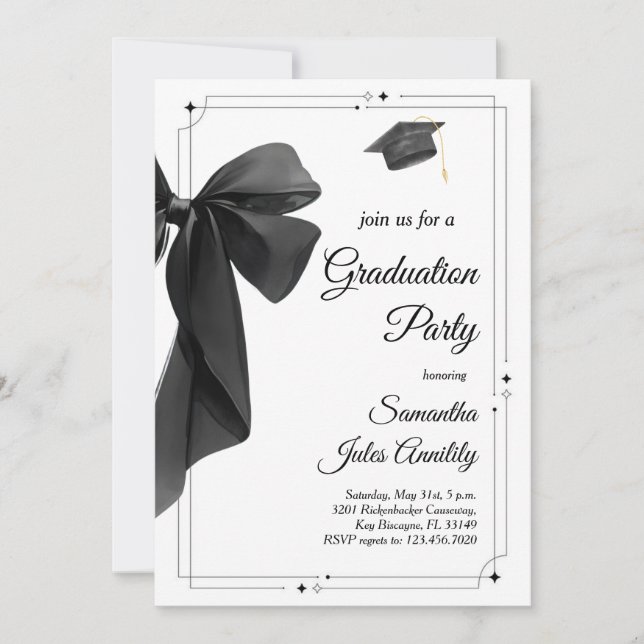 Invitación Modern Trendy Black Bow Graduation Party  (Anverso)