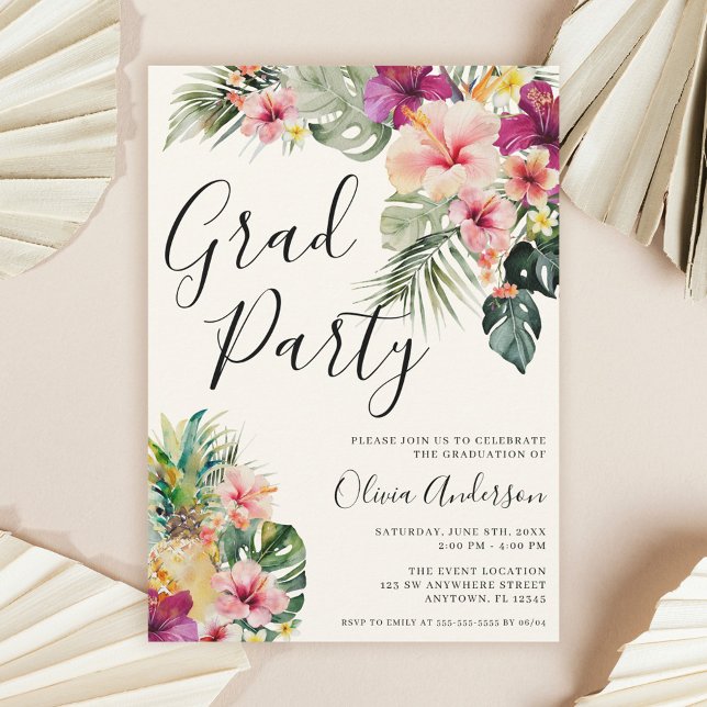 Invitación Modern Tropical Floral Beige Graduation Party (Subido por el creador)